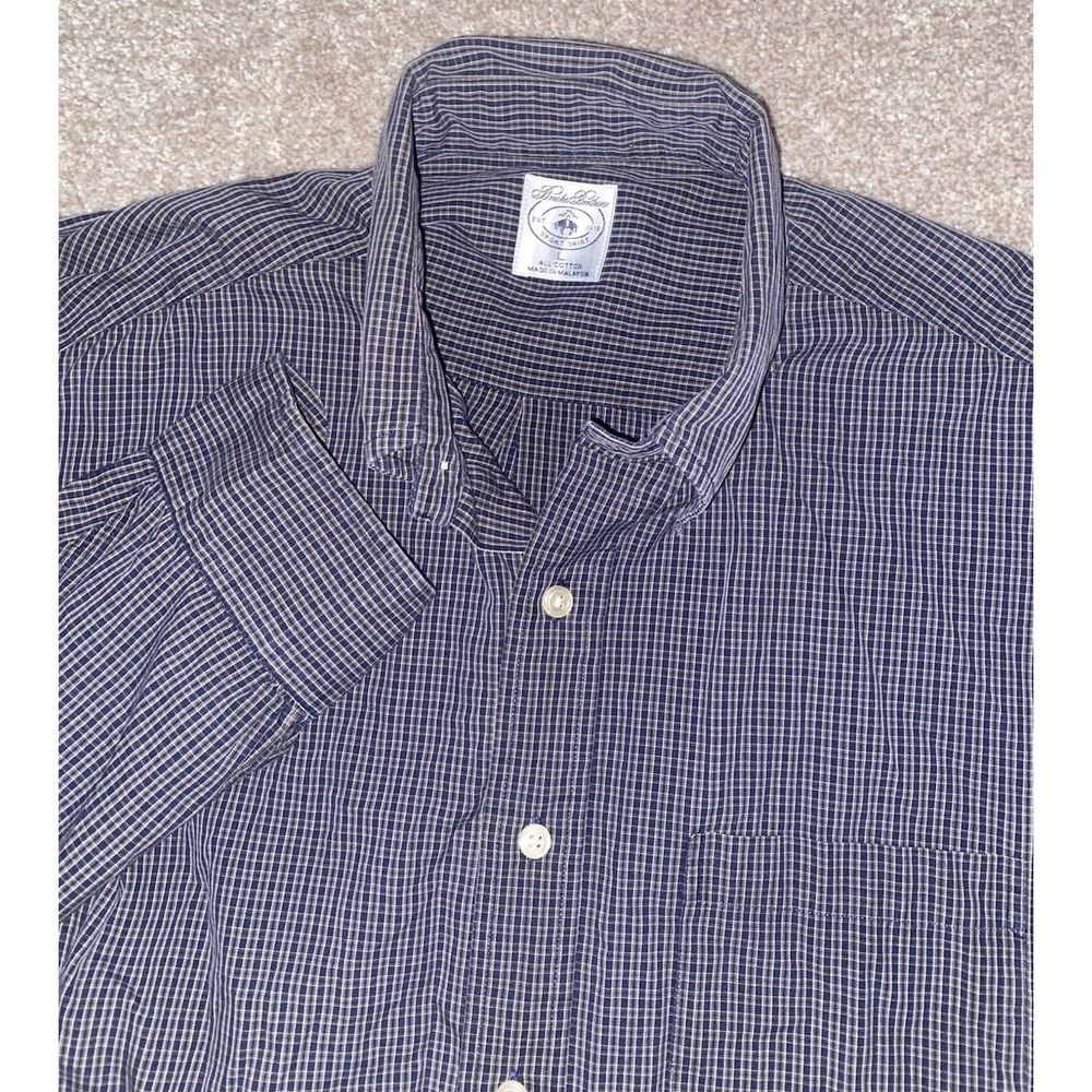 Brooks Brothers Sport Shirt Cotton Blue Check Plaid Mens XL USA Pocket Prep Read
